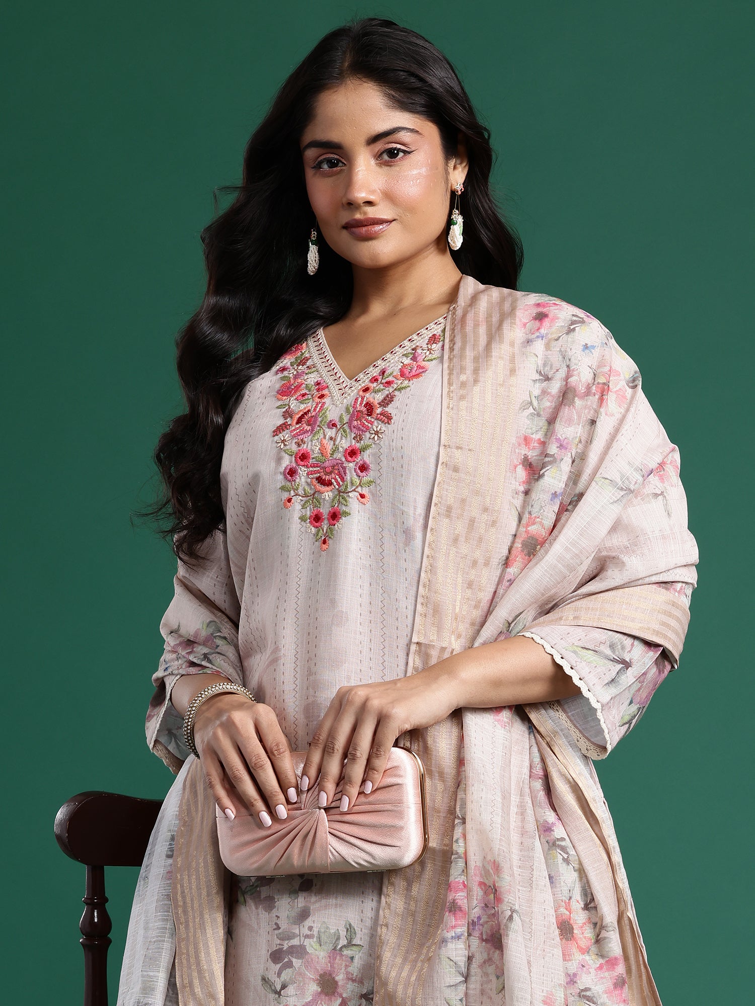 Plus Size Beige Embroidered Straight Kurta Trousers With Dupatta set