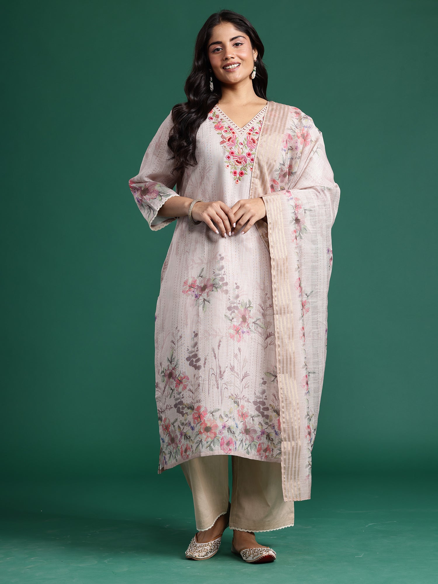 Plus Size Beige Embroidered Straight Kurta Trousers With Dupatta set
