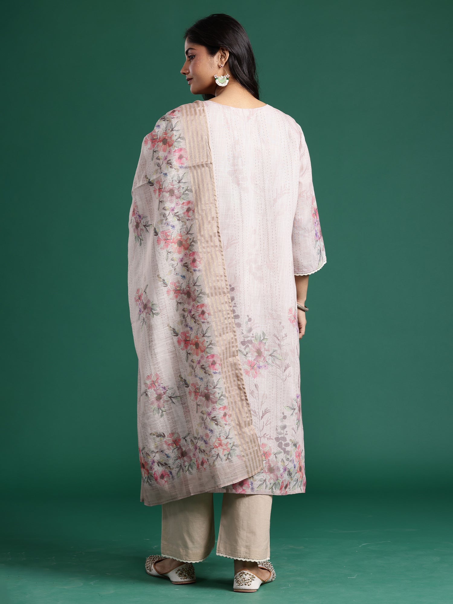 Plus Size Beige Embroidered Straight Kurta Trousers With Dupatta set