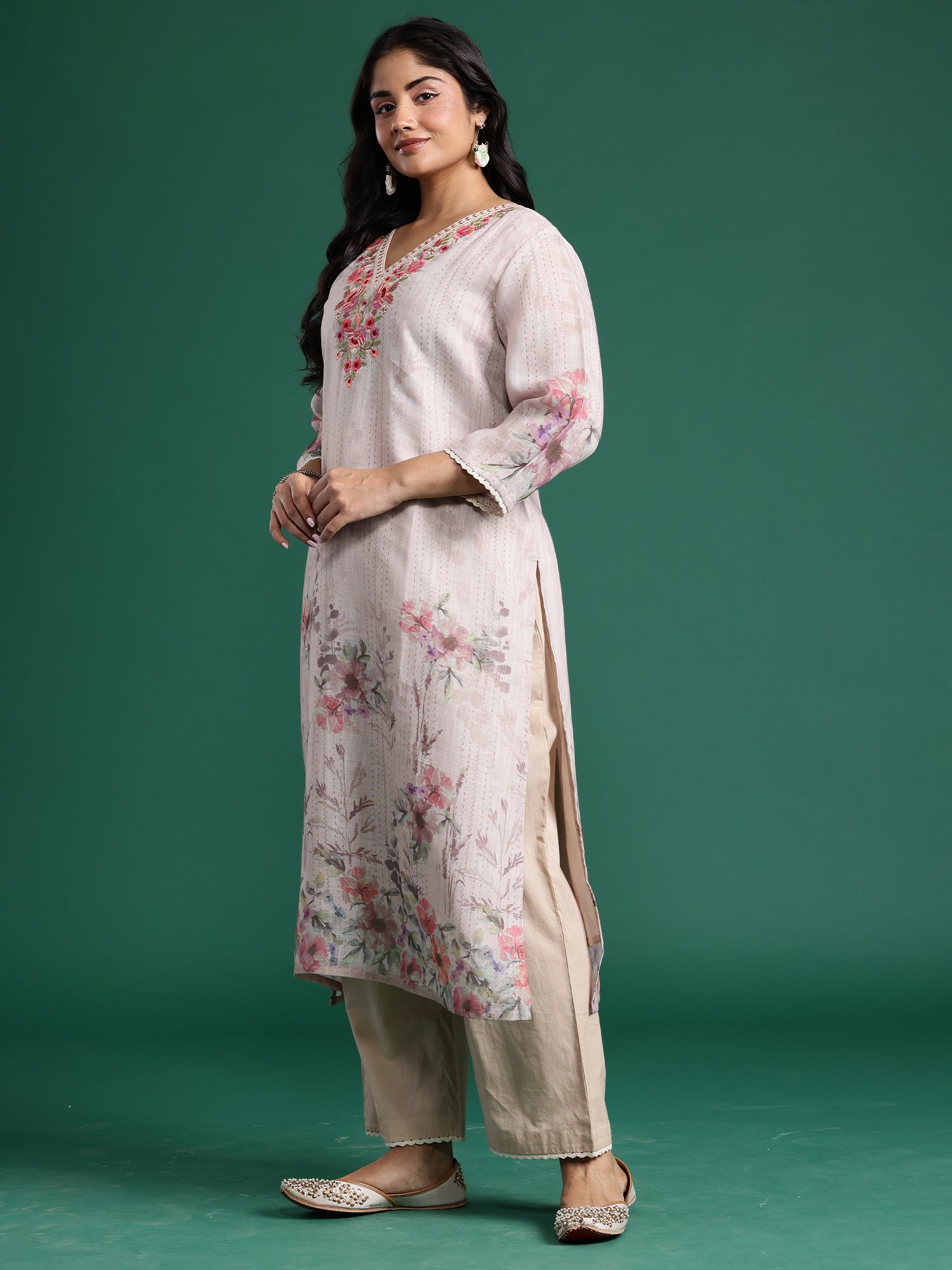 Plus Size Beige Embroidered Straight Kurta Trousers With Dupatta set