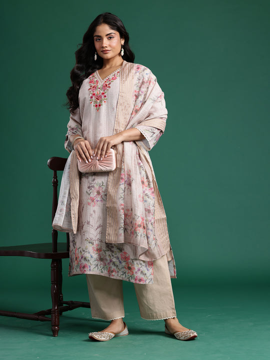 Plus Size Beige Embroidered Straight Kurta Trousers With Dupatta set