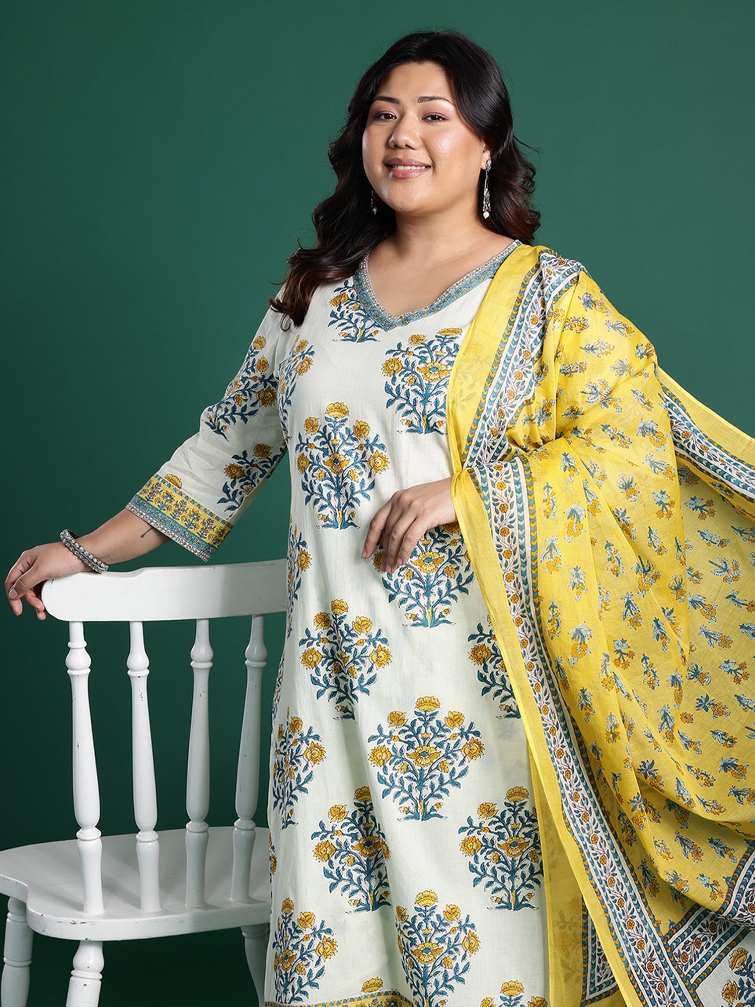 Plus Size Off White Printed Straight Kurta Trousers With Dupatta set