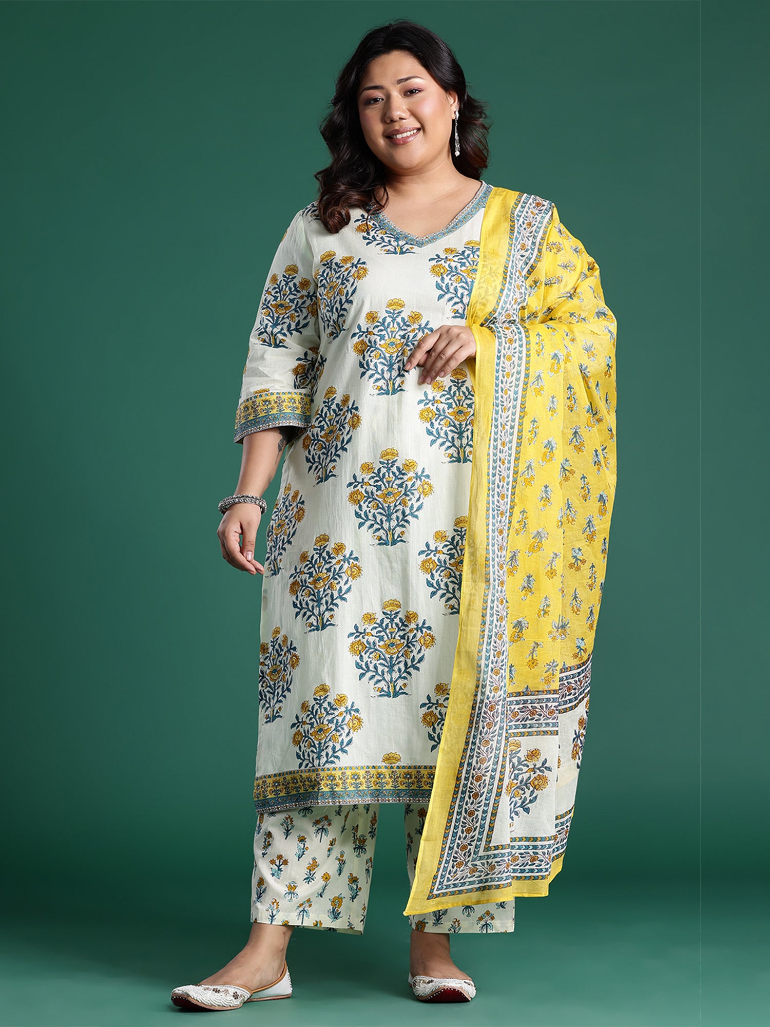 Plus Size Off White Printed Straight Kurta Trousers With Dupatta set