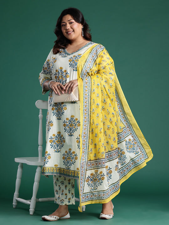Plus Size Off White Printed Straight Kurta Trousers With Dupatta set