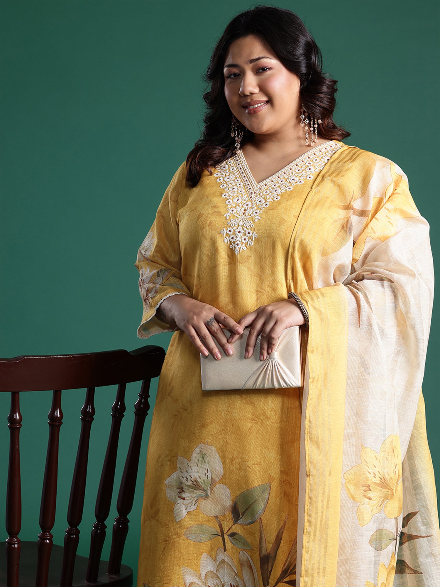 Plus Size Mustard Embroidered Straight Kurta Trousers With Dupatta set