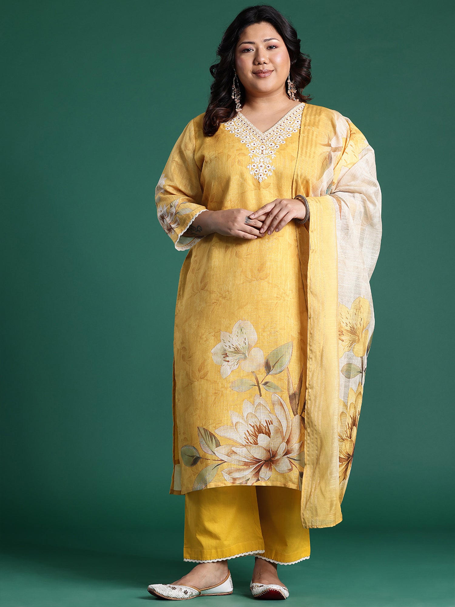 Plus Size Mustard Embroidered Straight Kurta Trousers With Dupatta set