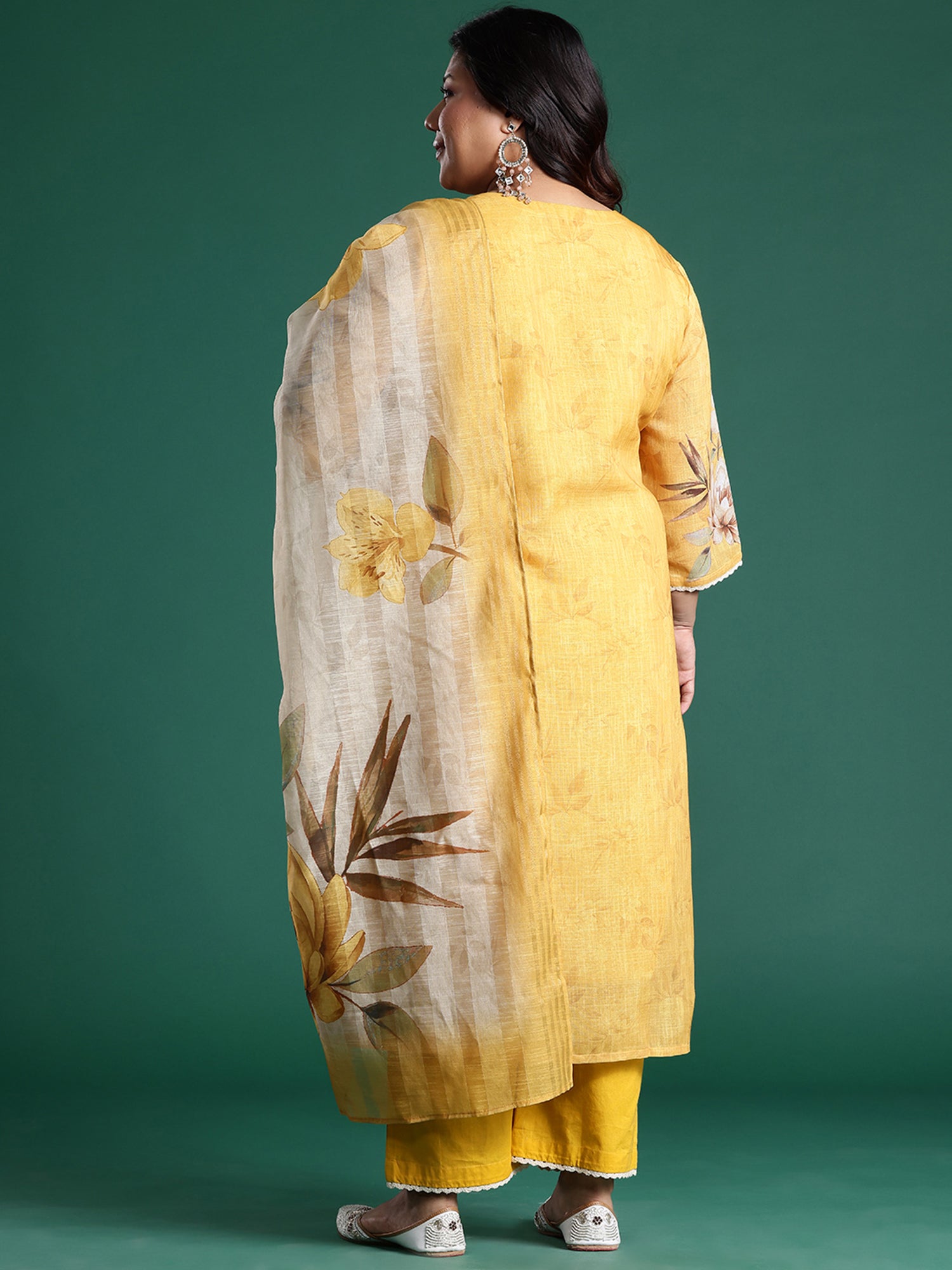 Plus Size Mustard Embroidered Straight Kurta Trousers With Dupatta set