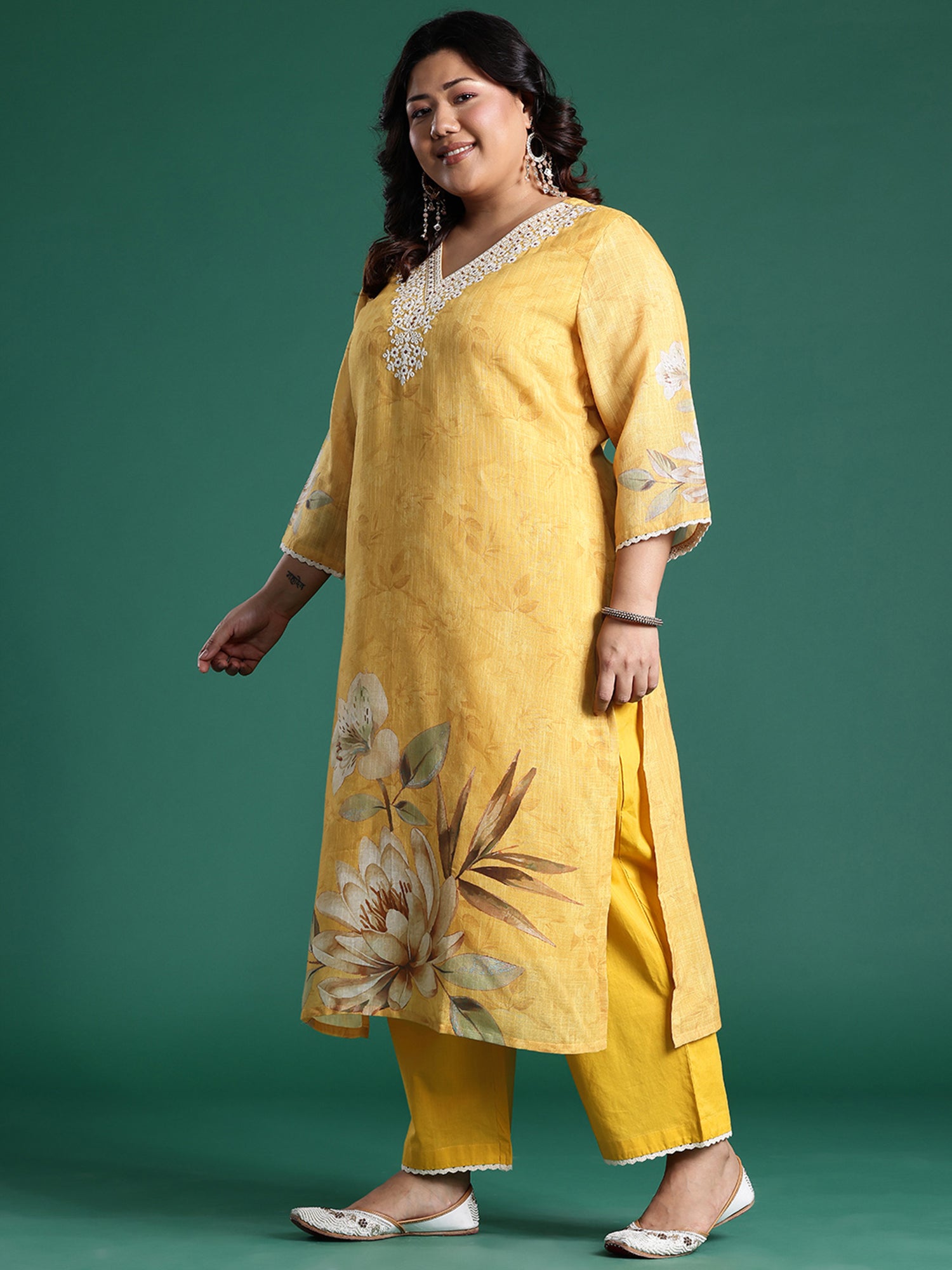 Plus Size Mustard Embroidered Straight Kurta Trousers With Dupatta set