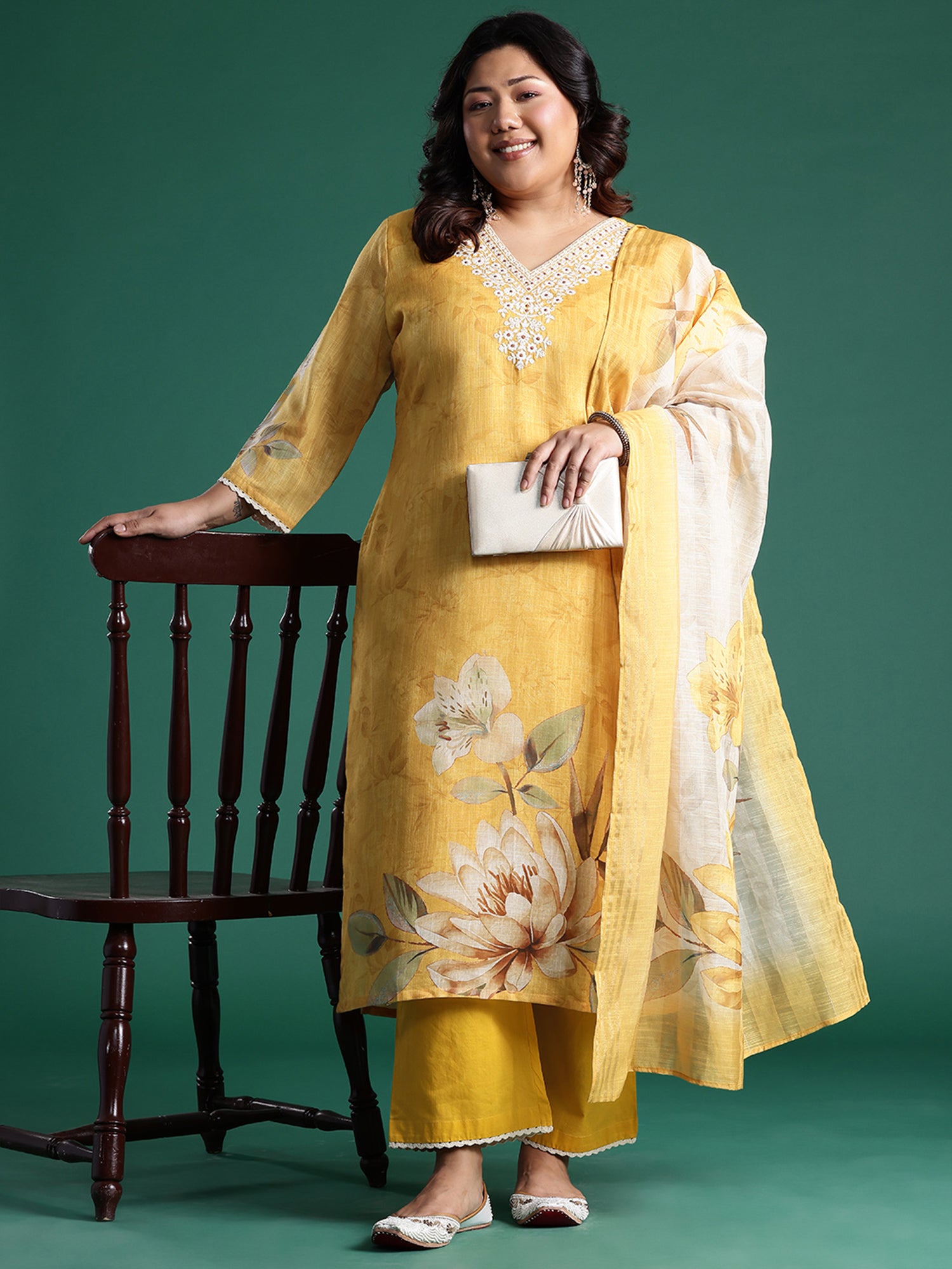 Plus Size Mustard Embroidered Straight Kurta Trousers With Dupatta set