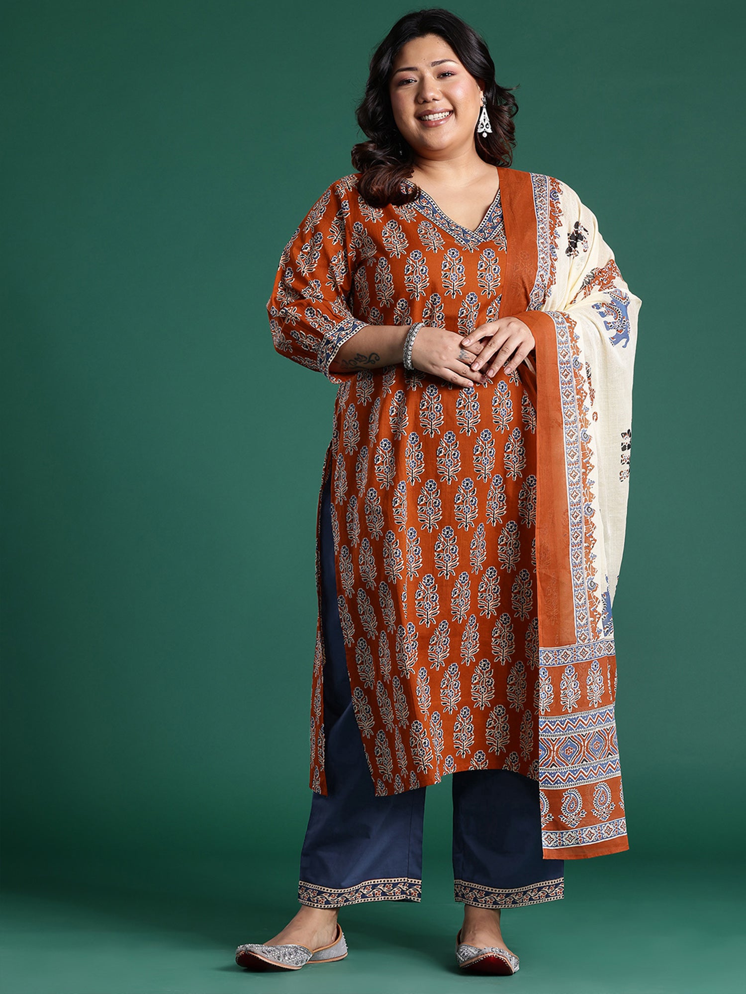 Plus Size Rust Printed Straight Kurta Trousers With Dupatta Set