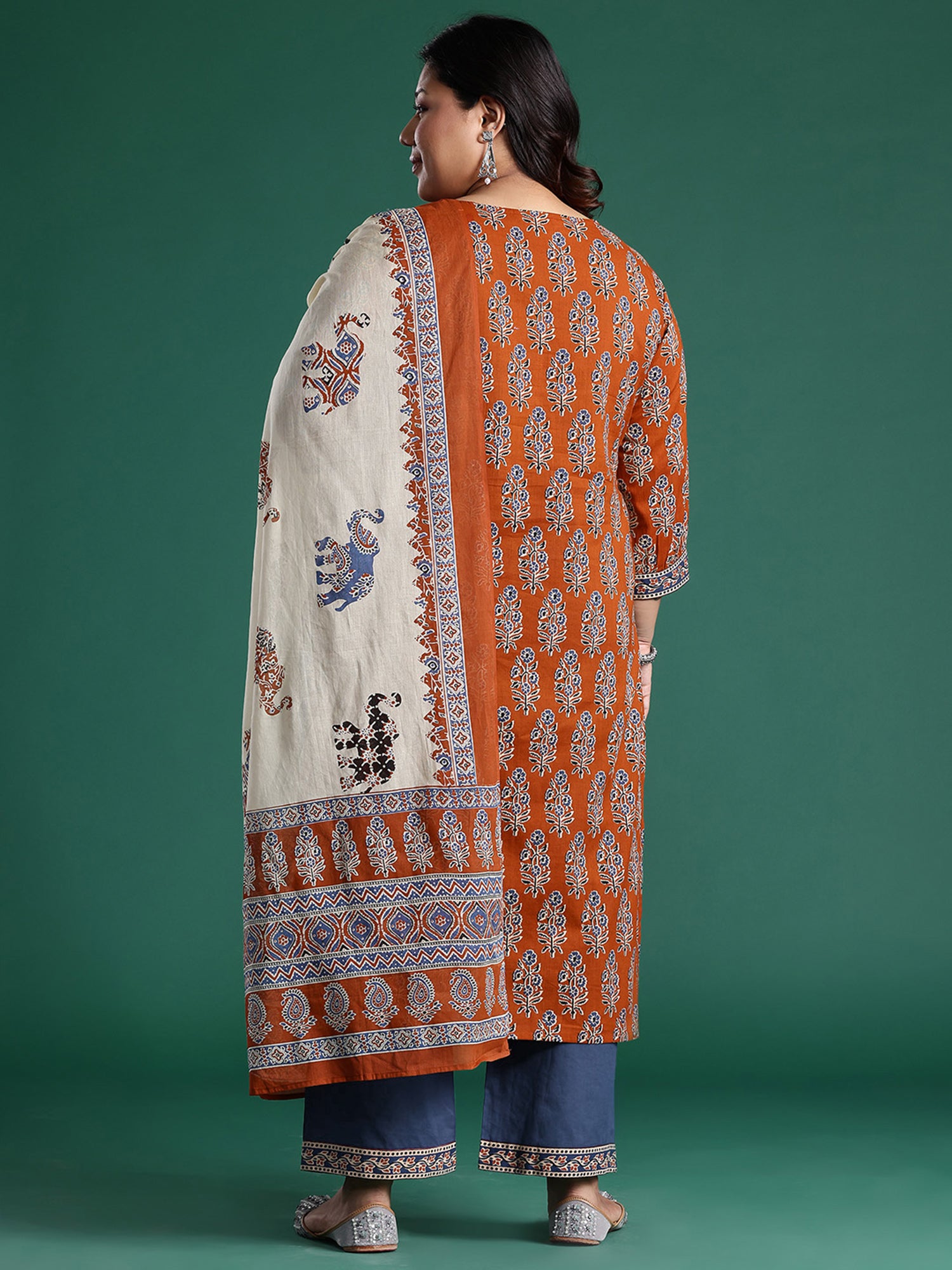 Plus Size Rust Printed Straight Kurta Trousers With Dupatta Set