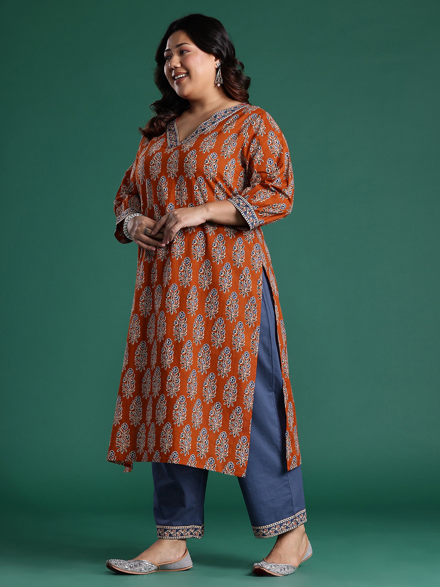 Plus Size Rust Printed Straight Kurta Trousers With Dupatta Set