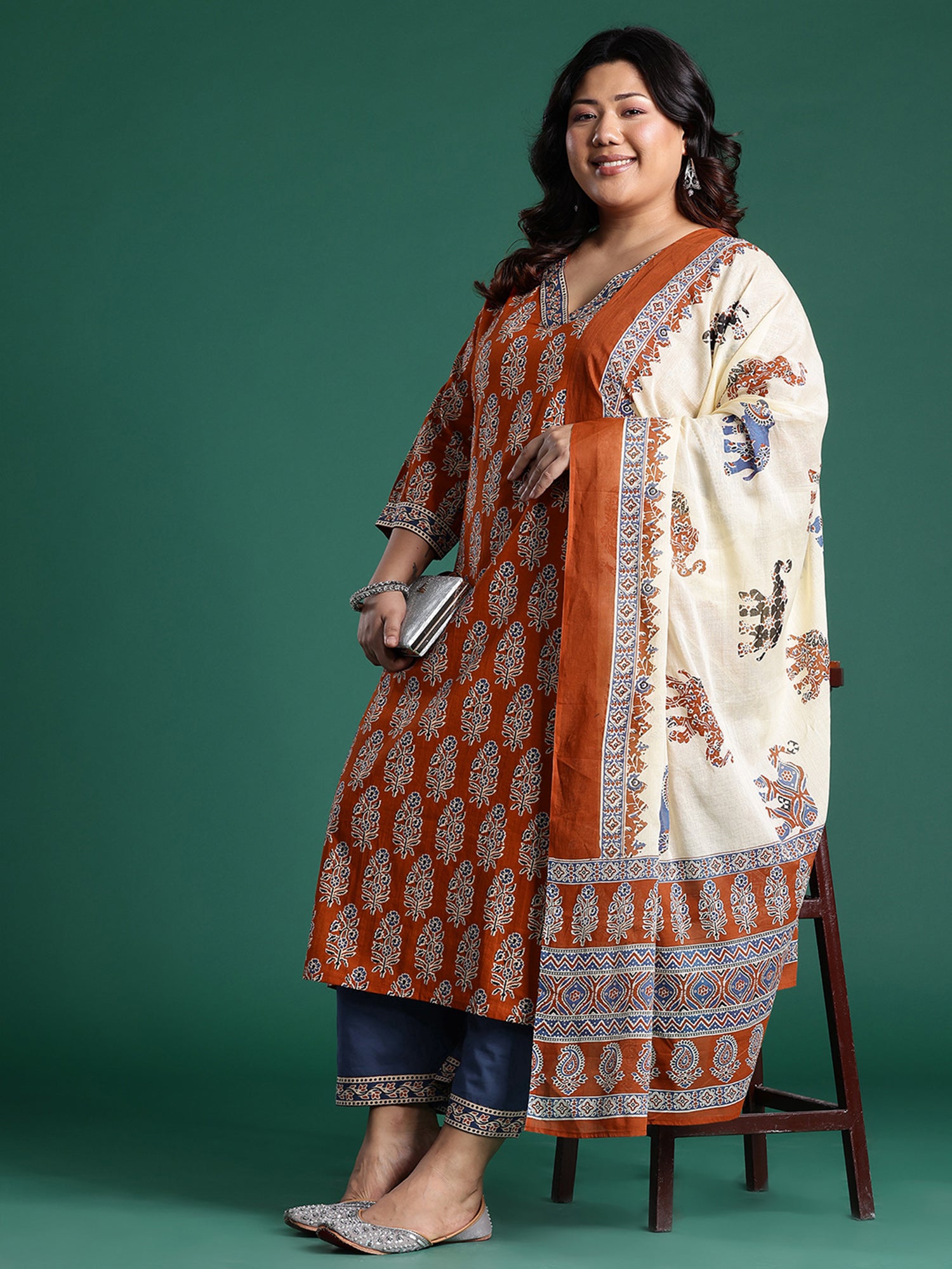 Plus Size Rust Printed Straight Kurta Trousers With Dupatta Set