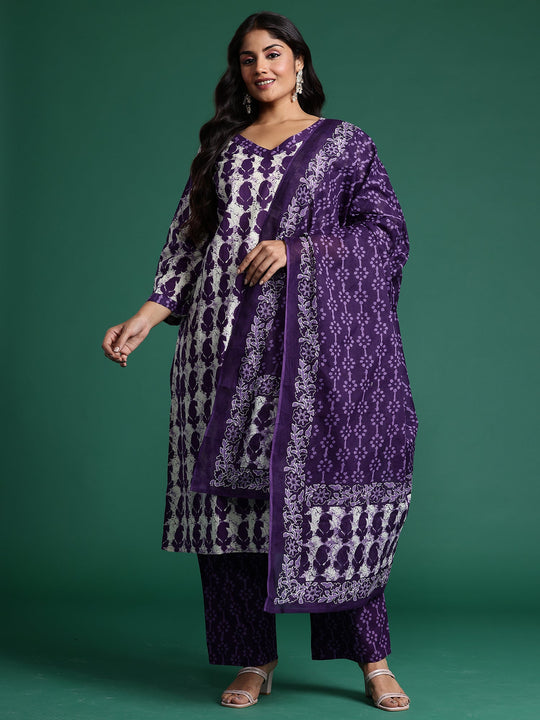 Plus Size Purple Printed Straight Pure Cotton Kurta Set With Dupatta