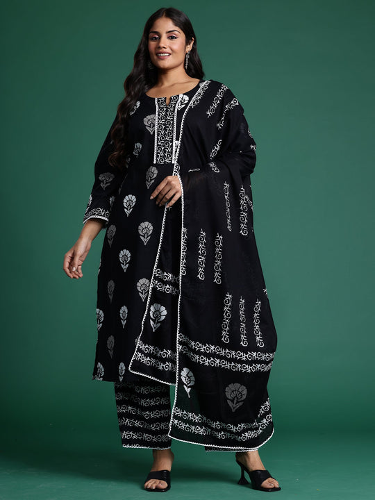 Plus Size Black Printed Straight Pure Cotton Suit Set With Dupatta