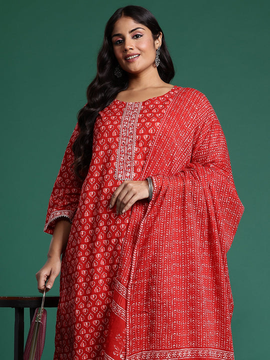 plus Size Red Printed Straight Pure Cotton Kurta Set With Dupatta
