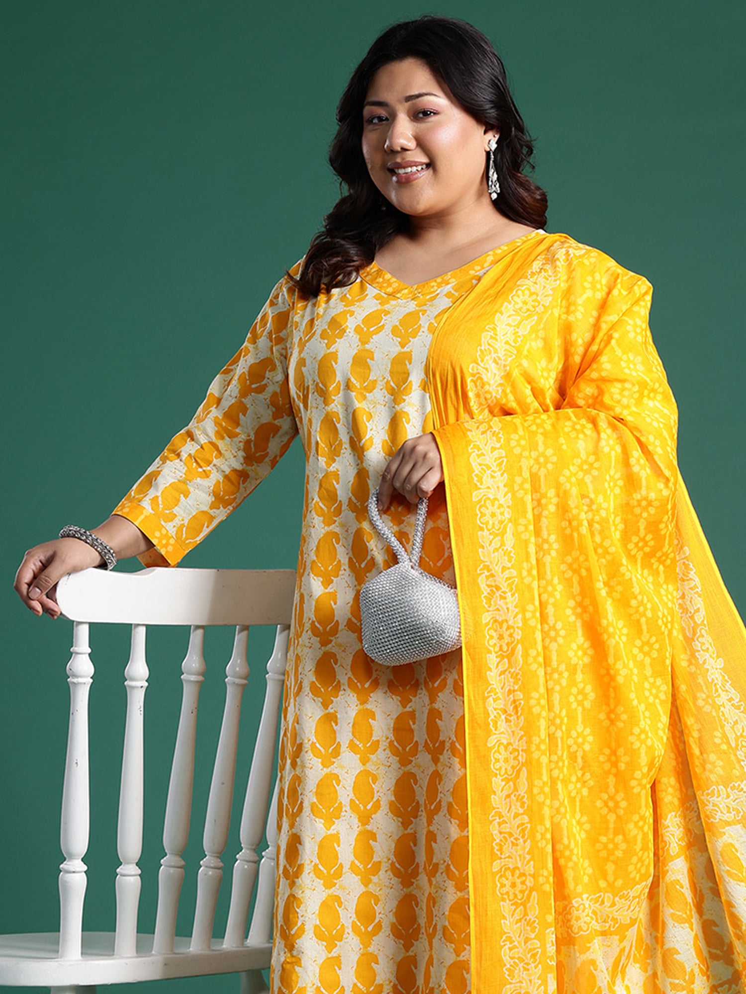 Plus Size Yellow Printed Straight Kurta Trousers With Dupatta Set