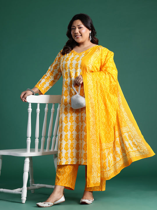Plus Size Yellow Printed Straight Kurta Trousers With Dupatta Set
