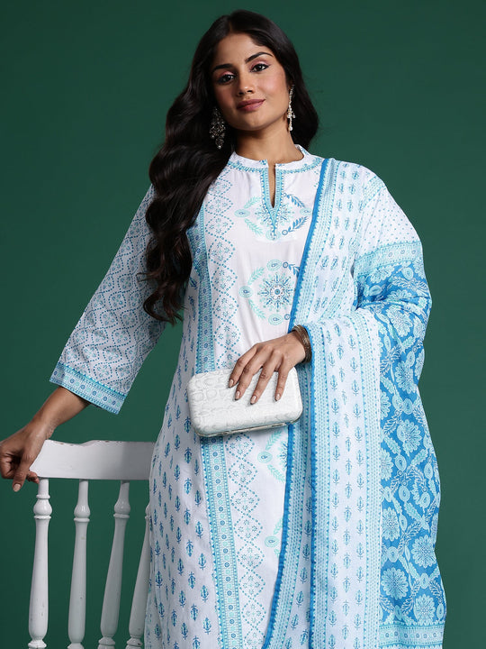 Plus Size White Printed Straight Pure Cotton Suit Set With Dupatta
