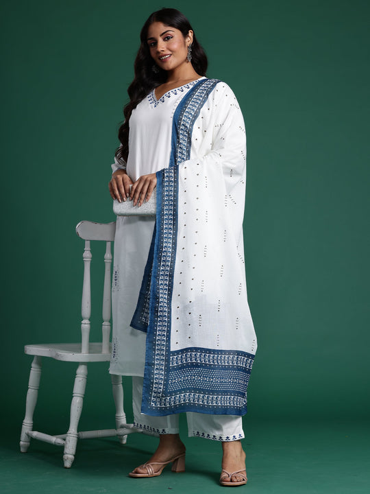 Plus Size White Embroidered Straight Pure Cotton Kurta Set With Dupatta