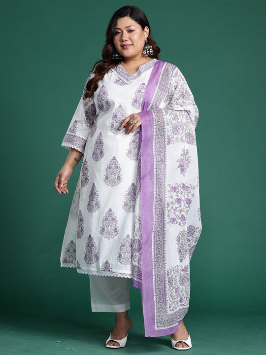 Plus Size White Printed Straight Kurta Pant With Dupatta