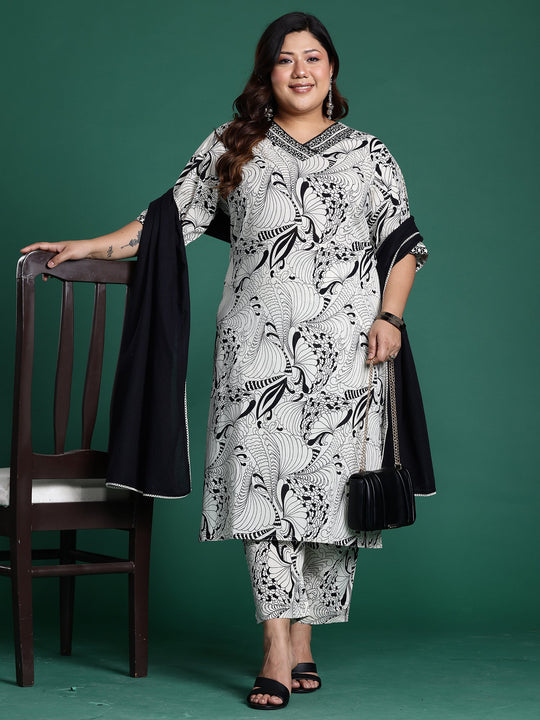 Plus Size Cream Printed Straight Kurta Pant With Dupatta