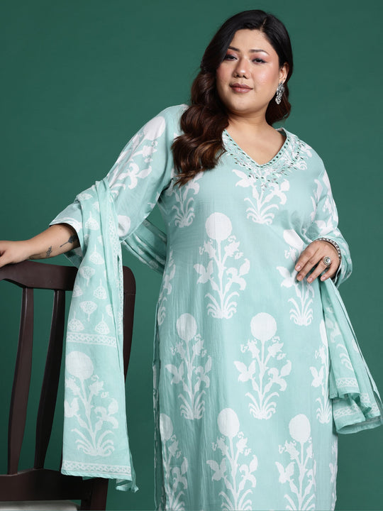 Plus Size Green Embroidered Straight Kurta Pant With Dupatta