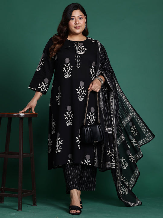Plus Size Black Printed Pure Cotton Straight Suit Set With Dupatta