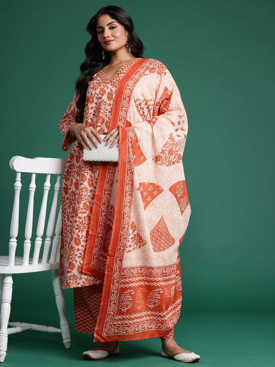 Plus Size Rust Printed Pure Cotton Straight Kurta Set With Dupatta
