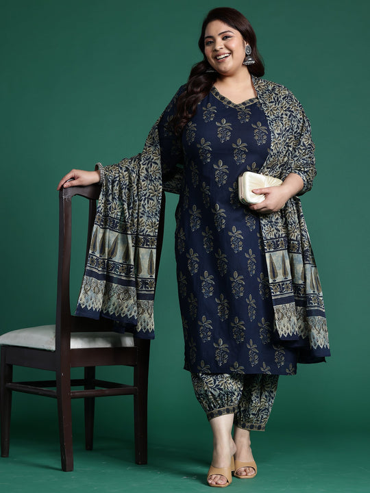 Plus Size Blue Printed Pure Cotton Straight Kurta Set