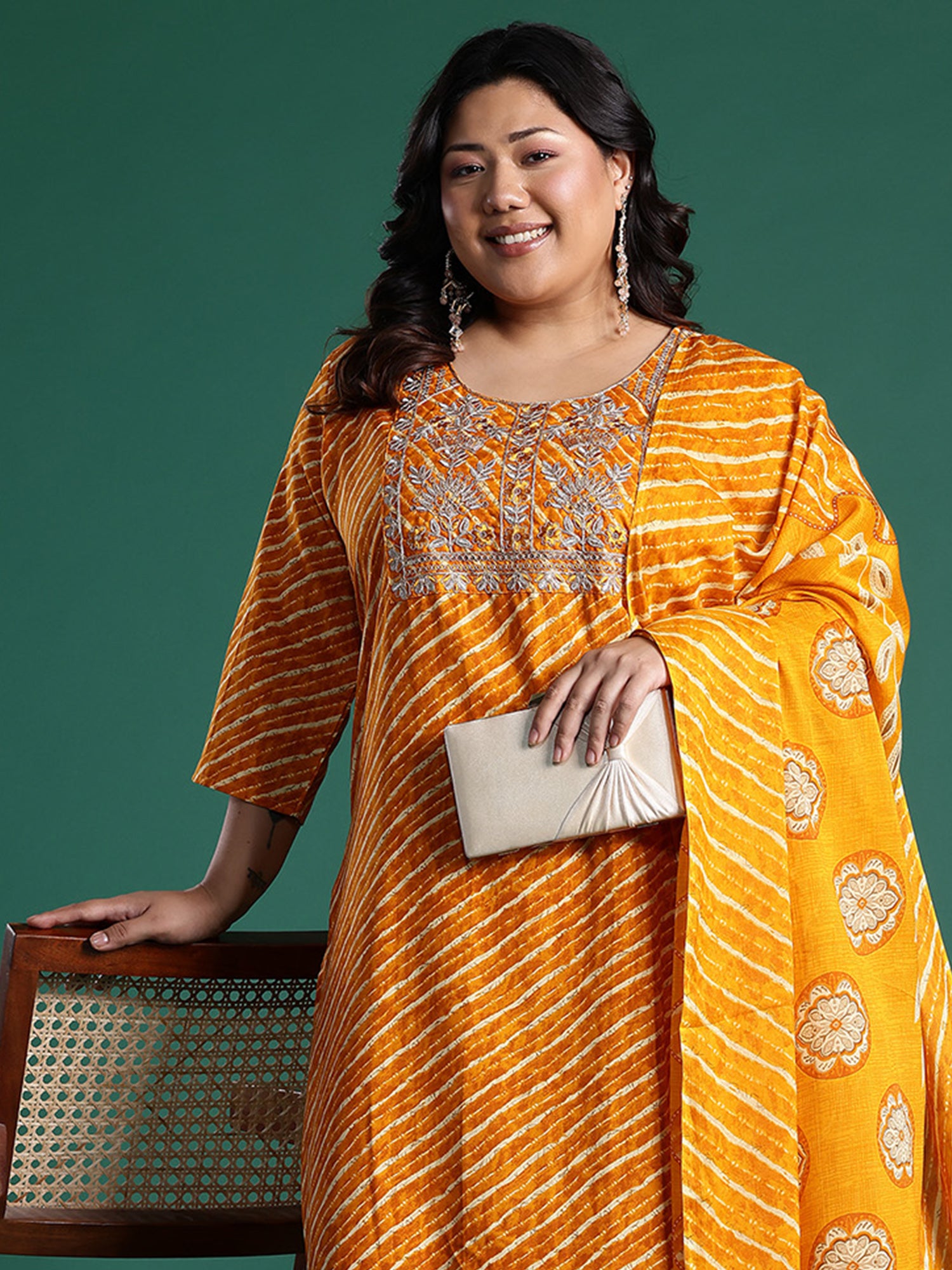 Plus Size Mustard Embroidered Straight Kurta Trousers With Dupatta Set