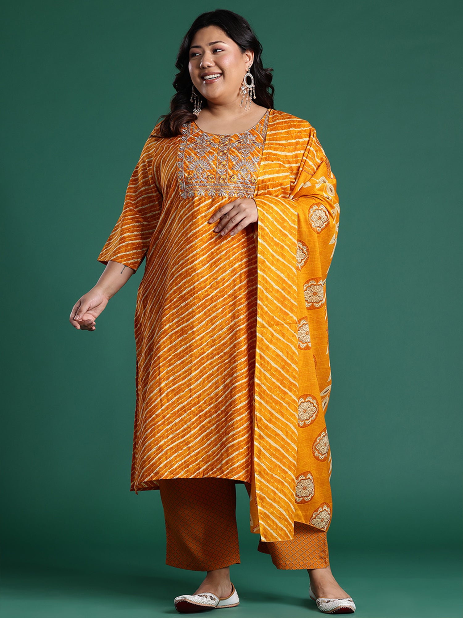 Plus Size Mustard Embroidered Straight Kurta Trousers With Dupatta Set