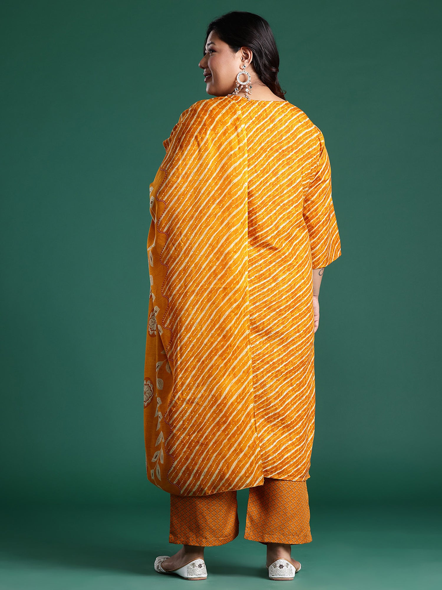 Plus Size Mustard Embroidered Straight Kurta Trousers With Dupatta Set