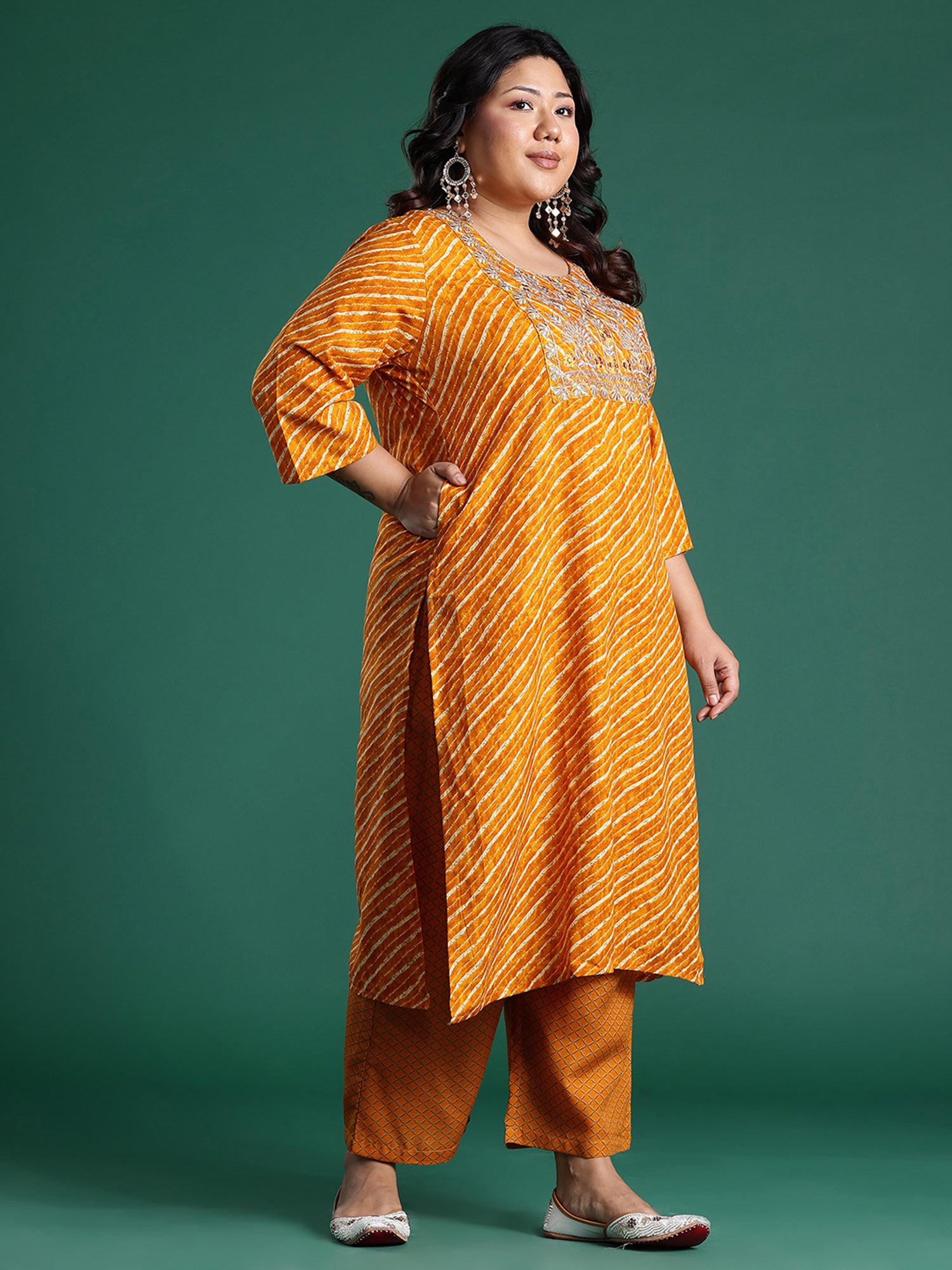 Plus Size Mustard Embroidered Straight Kurta Trousers With Dupatta Set