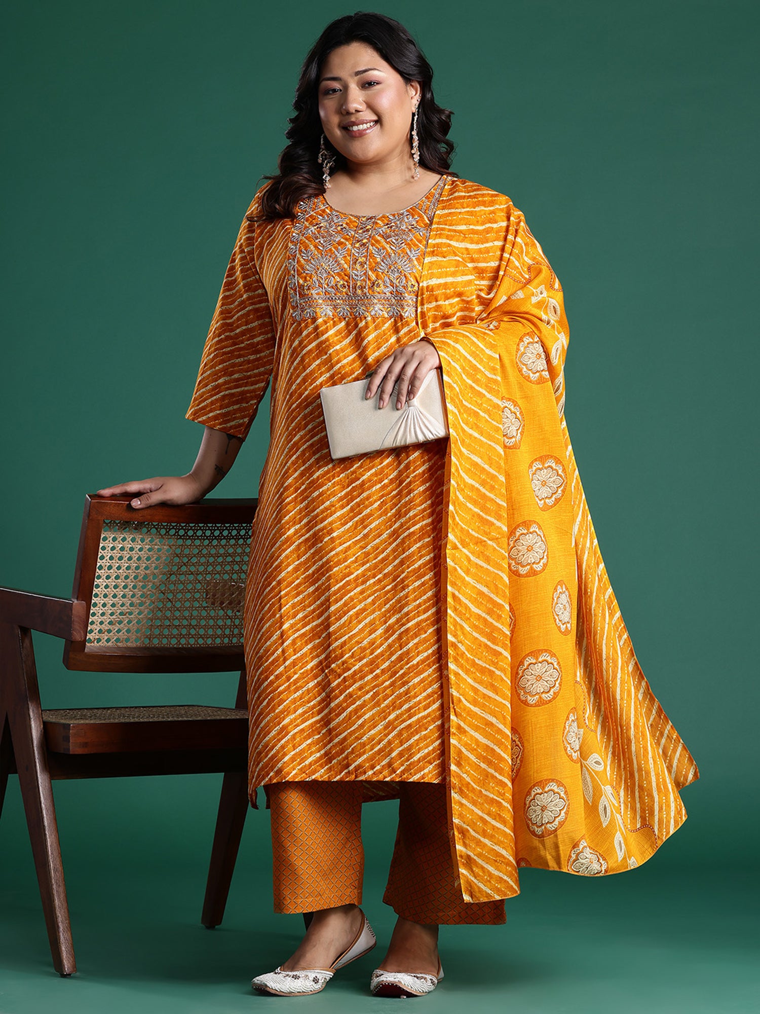 Plus Size Mustard Embroidered Straight Kurta Trousers With Dupatta Set