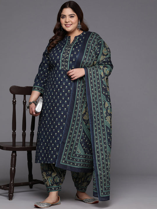 Plus Size Blue Printed Straight Pure Cotton Kurta Salwar With Dupatta Set