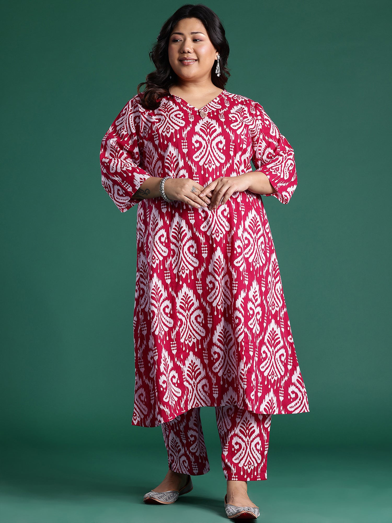 Plus Size Pink Printed A-Line Kurta Trousers set