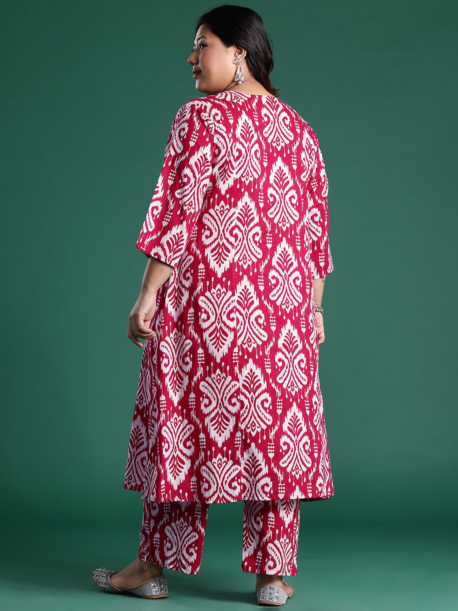 Plus Size Pink Printed A-Line Kurta Trousers set
