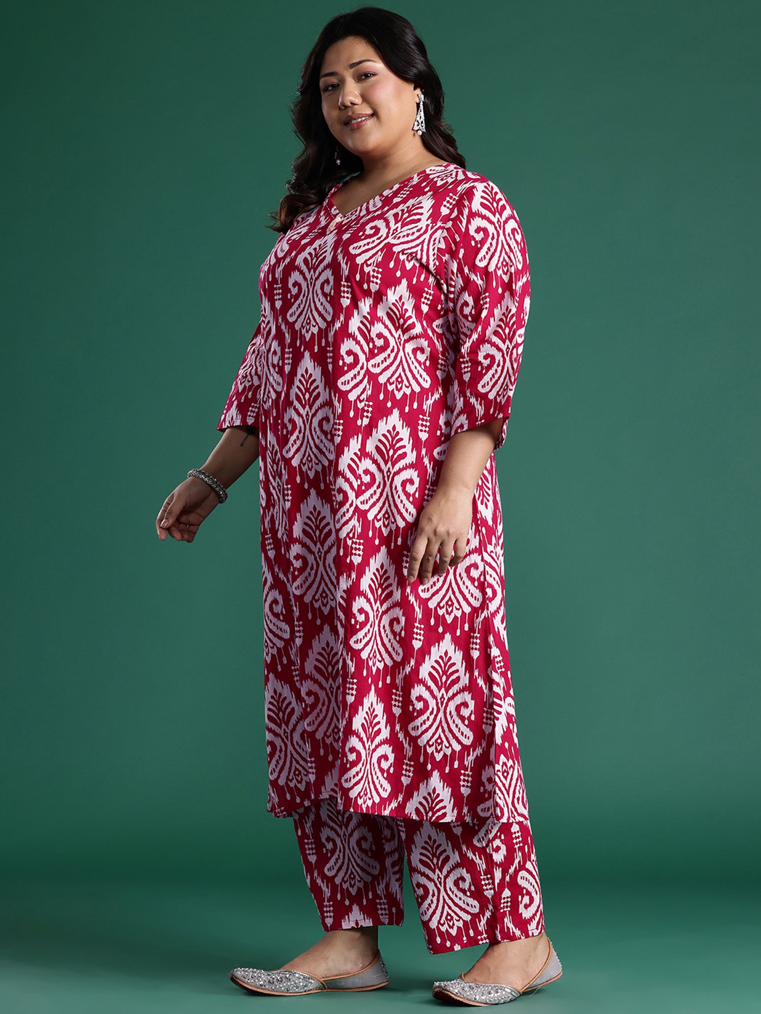 Plus Size Pink Printed A-Line Kurta Trousers set