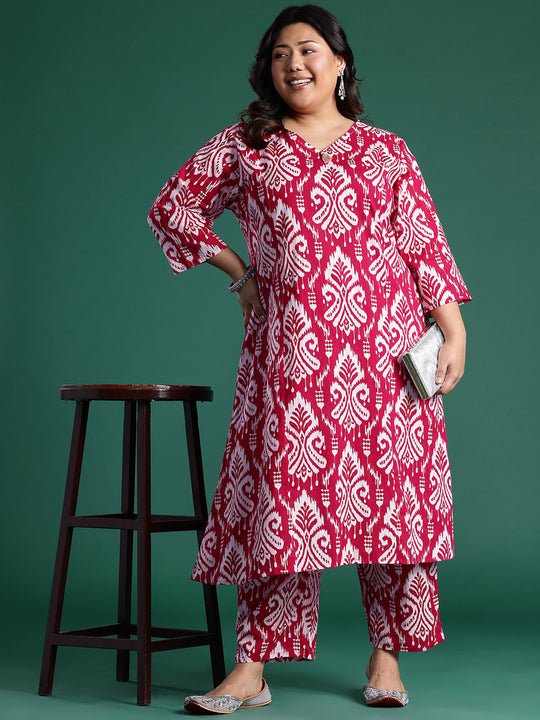 Plus Size Pink Printed A-Line Kurta Trousers set