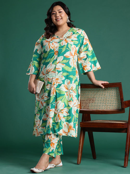Plus Size Green Printed Straight Kurta Trousers set