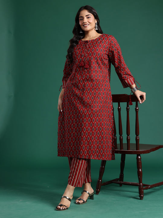 Plus Size Maroon Printed Straight Kurta Trousers set