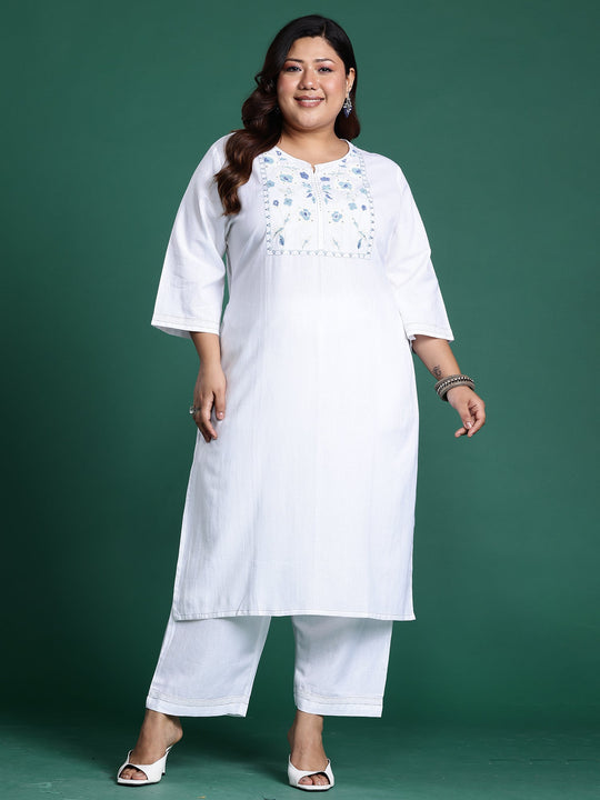 Plus Size White Embroidered Pure Cotton Straight Kurta Pant Set