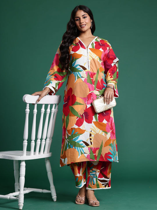 Plus Size Multi Printed Straight Kurta Trouser Set