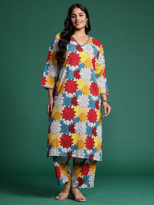 Plus Size Multi Printed Pure Cotton Straight Kurta Trouser Set