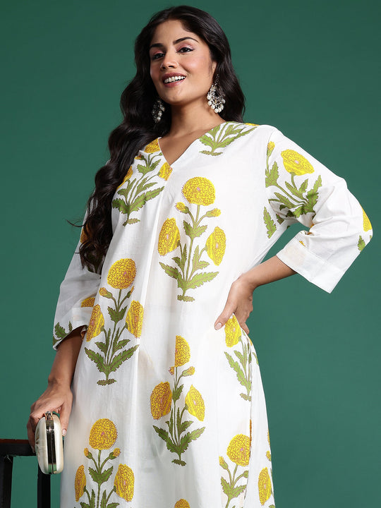 Plus Size White Printed Pure Cotton A-Line Kurta Trouser Set