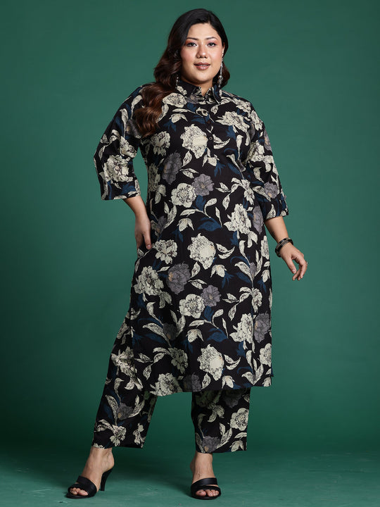 Plus Size Black Printed Straight Kurta Pant Set