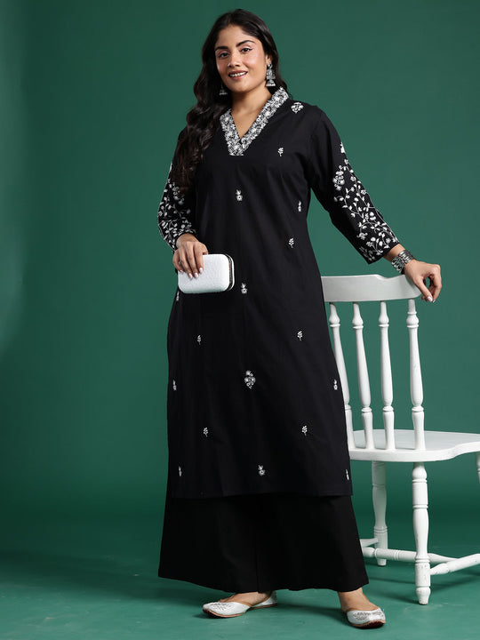 Indo Era Black Embroidered Straight Kurta