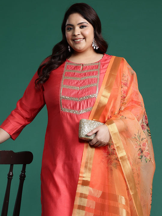 Plus Size Pink Solid Straight Festive Kurta Set