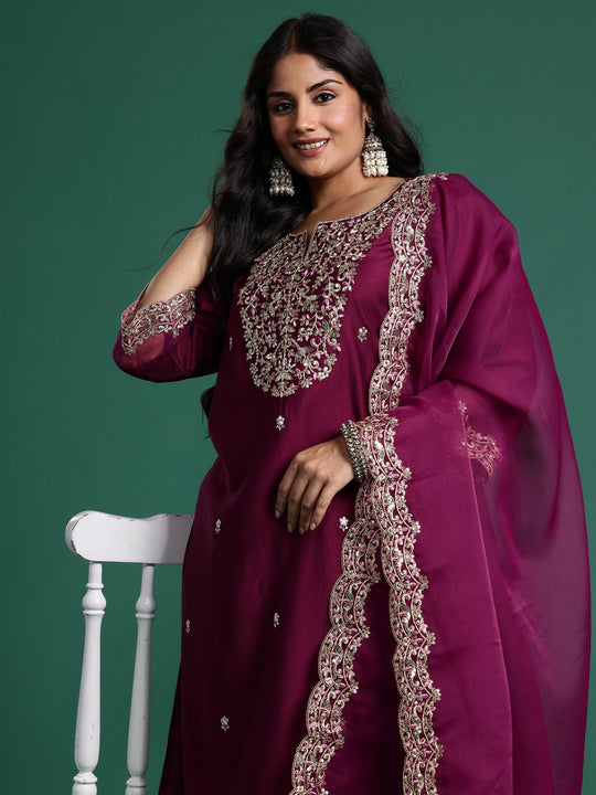 Plus Size Purple Embroidered Straight Suit Set With Dupatta